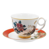 SMF Brand Chinese Traditional Bright Moon Design Ceramic Fine Bone China Tea and Coffee Set for 4 Persons Sustainable Drinking Cup Saucer for Moon Festival and Holiday with Safe Gift Box Package LFGB FDA Pass