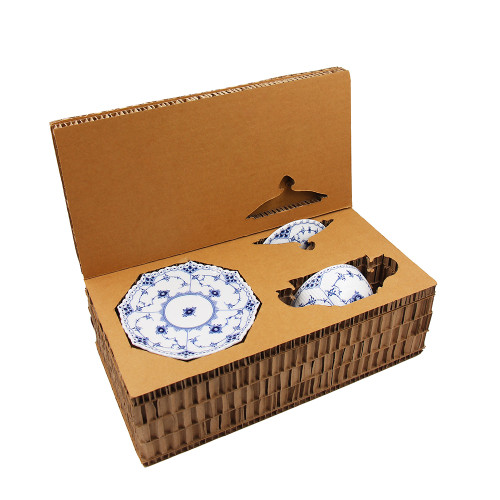 SMF 6 Inch Blue White Porcelain Bowls with Double Ears and Lid and Saucer with Underglazed Tang Grass Design with Eco Enviromental Raw Cardboard Mailing Box