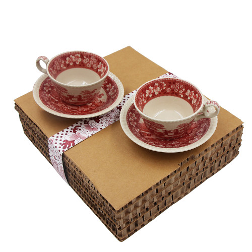 Ceramic Stoneware 2 sets Coffee Cup 6 oz Saucer with Underglazed Decal Craft with Eco Raw Cardboard Mailing Box