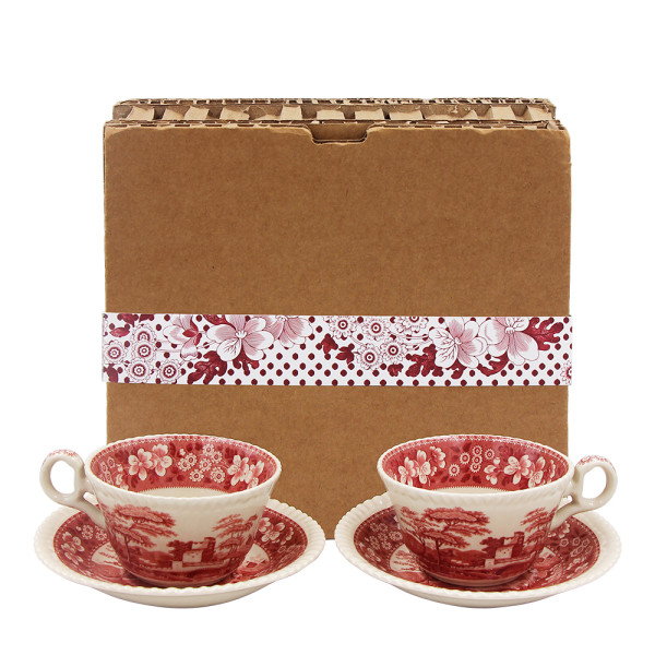 Ceramic Stoneware 2 sets Coffee Cup 6 oz Saucer with Underglazed Decal Craft with Eco Raw Cardboard Mailing Box