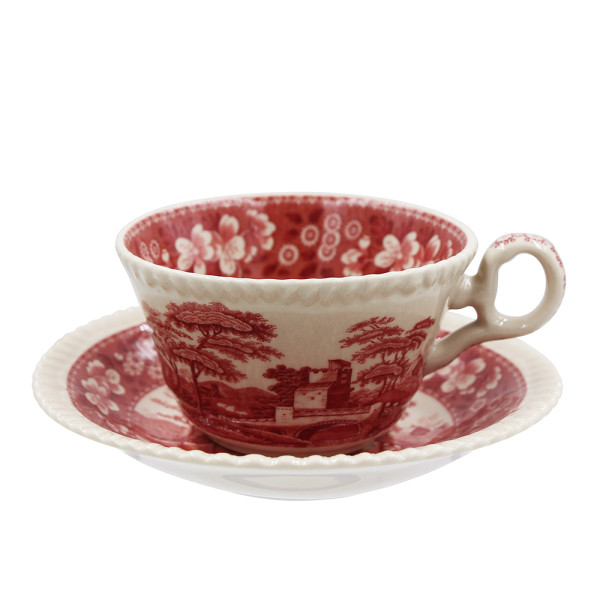 Ceramic Stoneware 2 sets Coffee Cup 6 oz Saucer with Underglazed Decal Craft with Eco Raw Cardboard Mailing Box