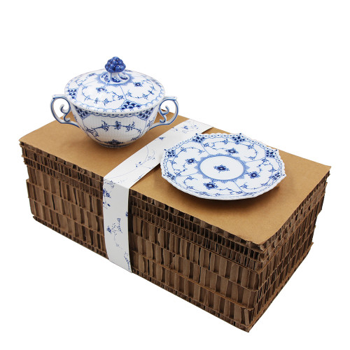 SMF 6 Inch Blue White Porcelain Bowls with Double Ears and Lid and Saucer with Underglazed Tang Grass Design with Eco Enviromental Raw Cardboard Mailing Box