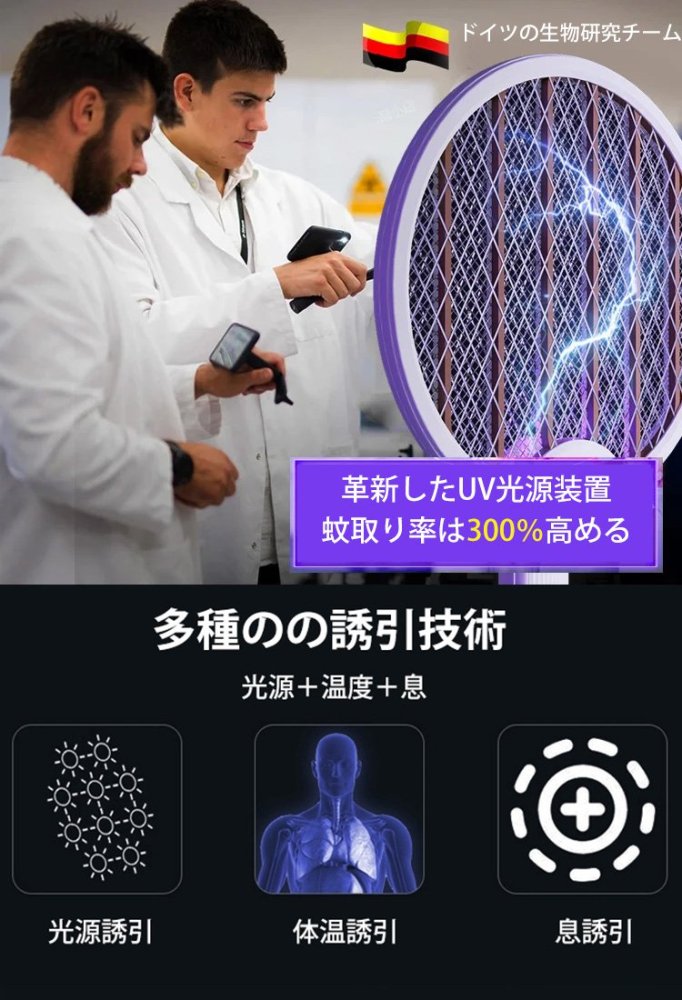 折り畳みデザイン、USB充電、長時間稼動、光源誘引、静音性抜群、絶縁防護網付き、安全性が高い