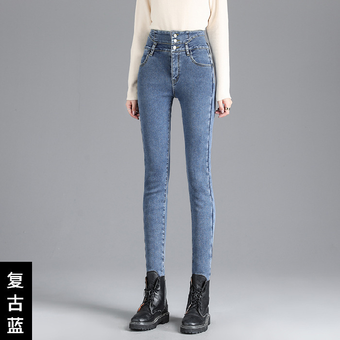 厚い保温ハイウエスト優れた弾力性デニムパンツ 高腰排扣彈力牛仔褲