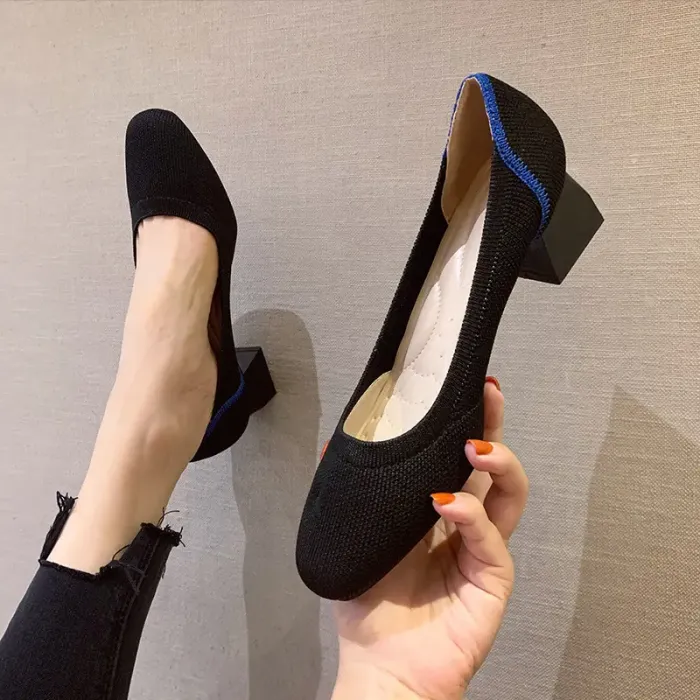 【チャンキーヒールパンプス】3D立体編み　究極な履き心地 柔らかくて伸縮性抜群！ 足に優しくフィット。