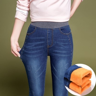 暖かい細見え裏起毛デニムパンツ 【超修身彈力牛仔褲】巨顯瘦