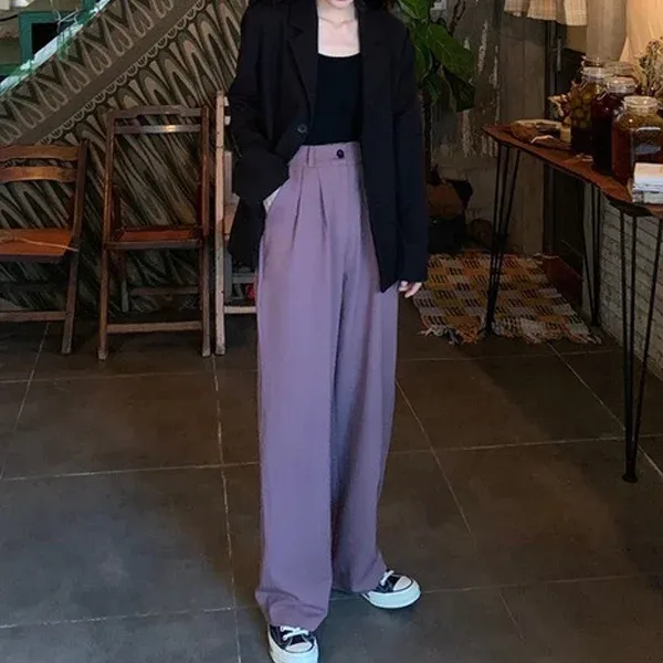 ストレートパンツ 美脚ワイドパンツ、ハイウエストデザイン