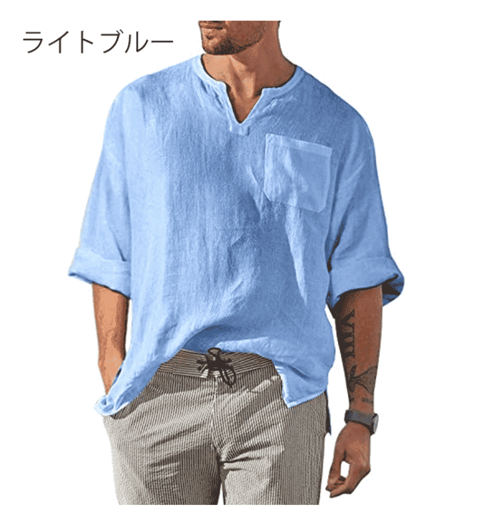 綿麻キーネック長袖Ｔシャツ 透氣舒適 體感降溫5度