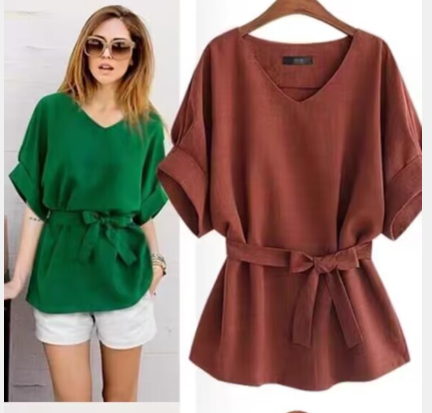 【レディースドルマンスリーブブラウス】シンプル、ウエストベルト、リボンモチーフ、大人可愛い、ゆっとり、綿麻、着痩せ