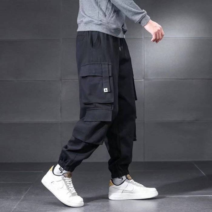 新しいスキル秋冬新款多口袋工裝褲男款大碼寬鬆束腳褲季戶外工作休閑褲子