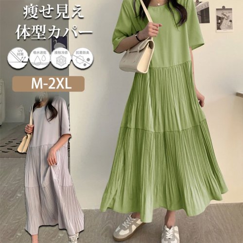 プリーツ入り綿麻ルーズロングワンピース