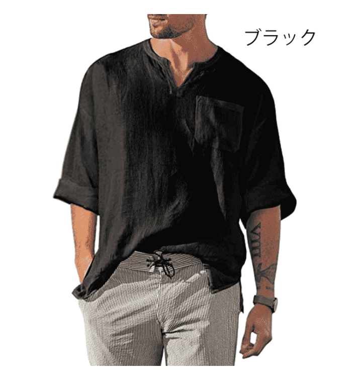 綿麻キーネック長袖Ｔシャツ 透氣舒適 體感降溫5度