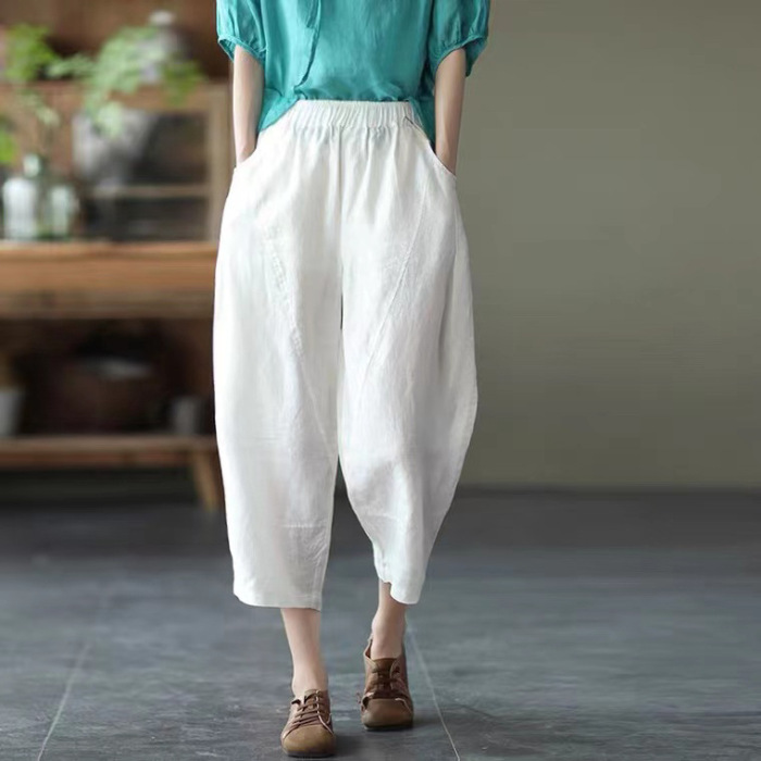 【綿麻テーパードパンツ】快適、通気、細見え、体型カバー