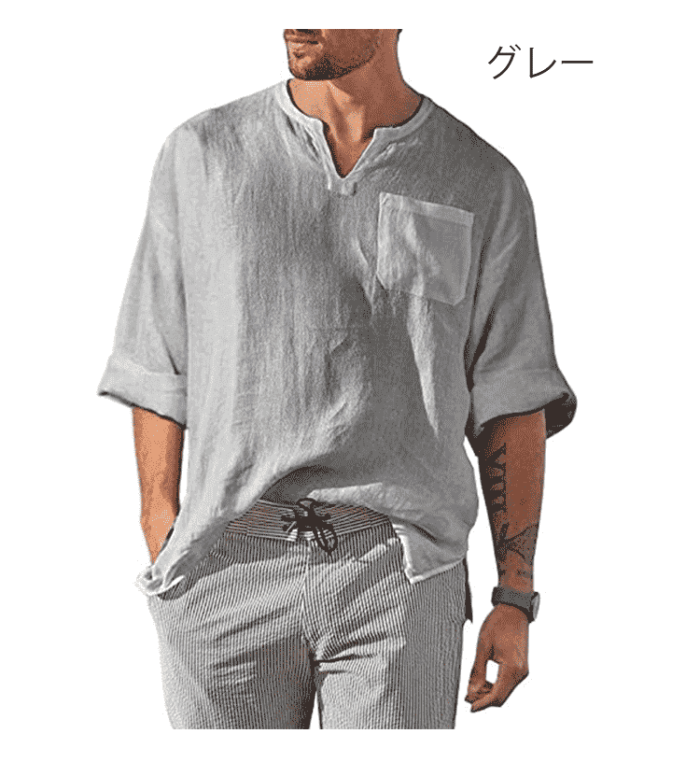 綿麻キーネック長袖Ｔシャツ 透氣舒適 體感降溫5度