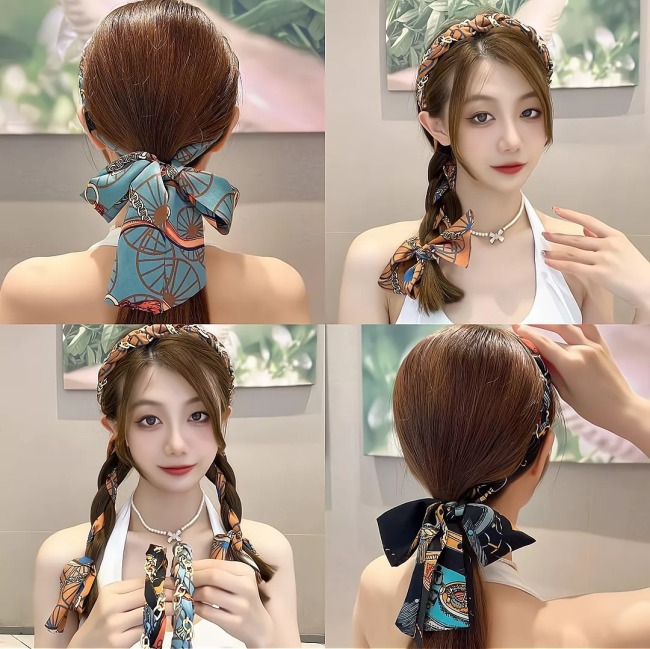 復古蝴蝶結飄帶髮箍，仙女氣質，宫廷缎面布艺发带夏天丝巾飘带绑发一体头箍，限時活動：買一送一