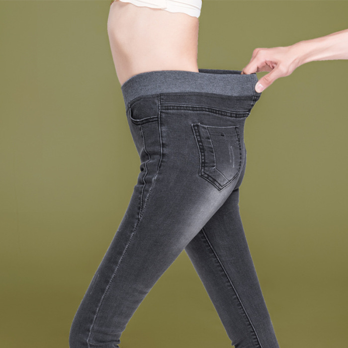 暖かい細見え裏起毛デニムパンツ 【超修身彈力牛仔褲】巨顯瘦
