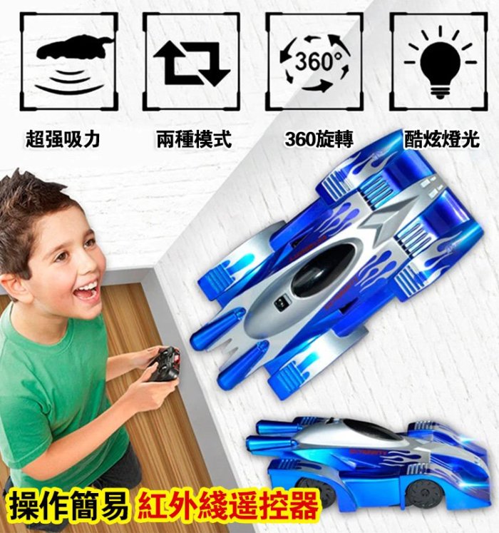 這款爬牆遙控車採用最新的 吸力技術， 使其能夠 在任何光滑的表面上無重力地 騎行 。 把它放在地板、牆壁、窗戶、玻璃甚至天花板上！不會倒的！