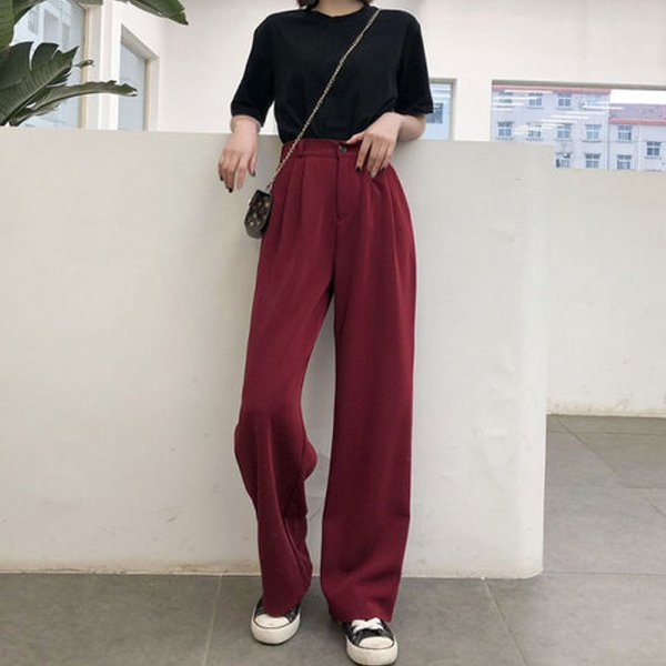 ストレートパンツ 美脚ワイドパンツ、ハイウエストデザイン