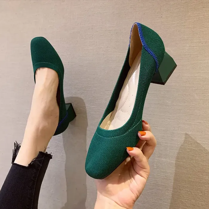 【チャンキーヒールパンプス】3D立体編み　究極な履き心地 柔らかくて伸縮性抜群！ 足に優しくフィット。