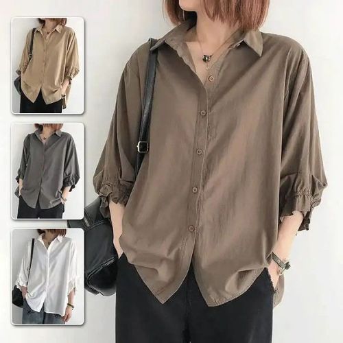 【樂天爆款】2023新款寬鬆純棉燈籠袖襯衫，個性百搭，遮肉顯瘦