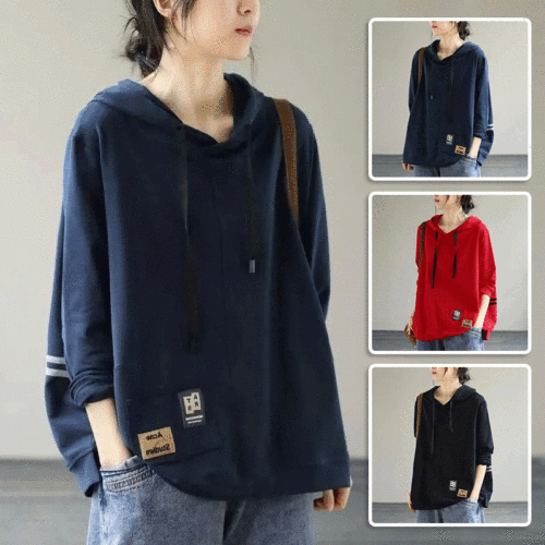 【日本製の】日系復古文藝貼布連帽長袖衛衣，100_純棉面料，獨家設計師新款，時尚版型顯瘦有氣質，不挑年齡身材可穿，讓您舒適又時髦！