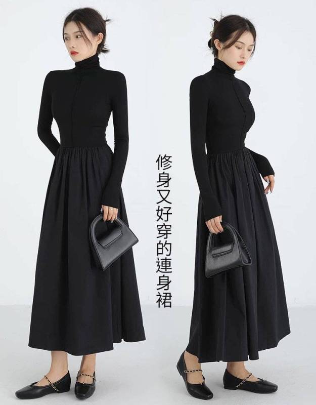 高級感赫本洋氣連衣裙 新款韓版顯瘦過膝打底內搭長裙