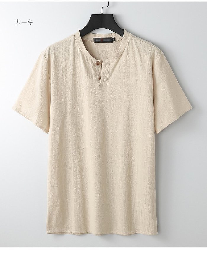 【リネンTシャッ】生地は麻100%を使用、ヘンリーネックでシンプルお洒落に!