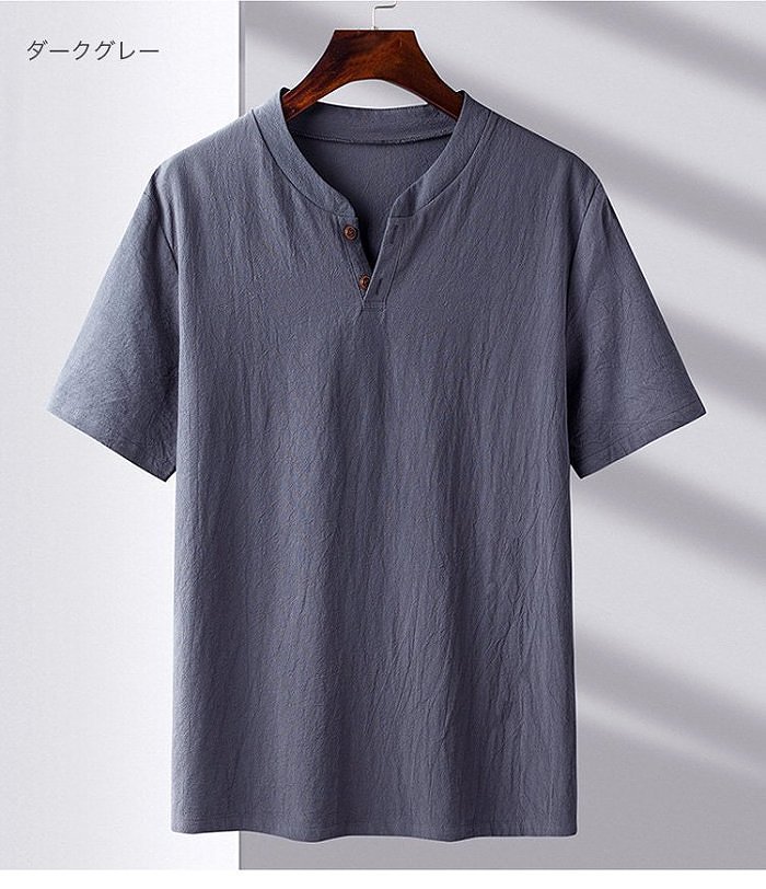 【リネンTシャッ】生地は麻100%を使用、ヘンリーネックでシンプルお洒落に!
