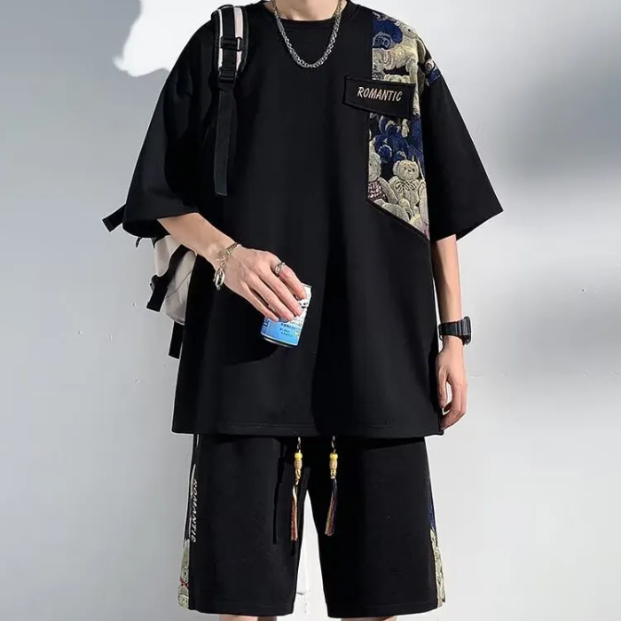 メンズクマ柄ゆったり感Tシャツ上下二点セット