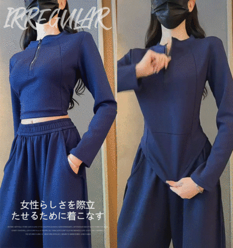 スポーティ風着瘦せトップス+ワイドパンツセットアップ
