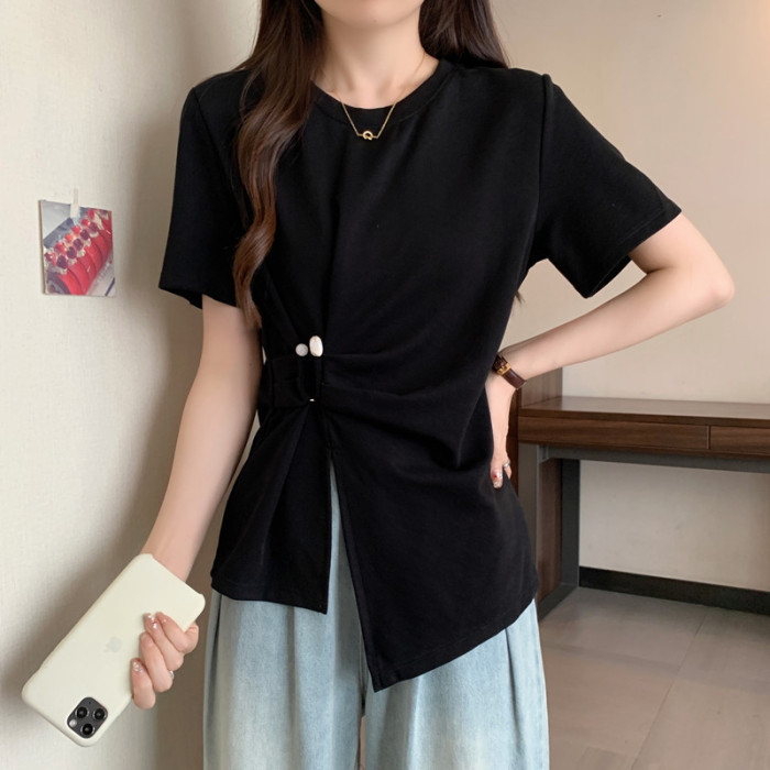 大碼女裝胖mm夏裝設計感扭結不規則正肩顯瘦上衣
