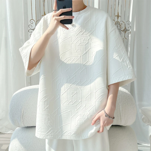 2025春夏季肌理紋T恤短袖重磅大碼加肥圓領半袖