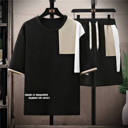 2025新款休閒運動男士韓版潮流百搭寬鬆圓領帥氣撞色短袖套装