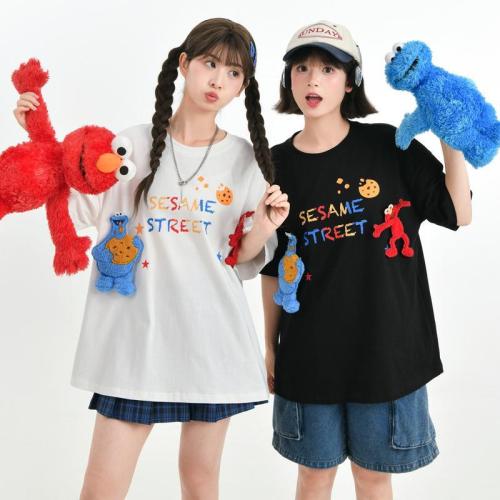 芝麻街聯名原創高支棉情侶魔鬼氈短袖T卹夏季衣服 男女同款