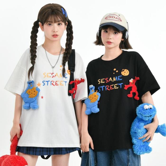 芝麻街聯名原創高支棉情侶魔鬼氈短袖T卹夏季衣服 男女同款