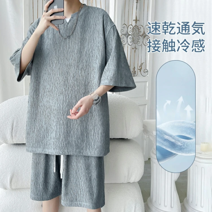 メンズゆったり無地半袖Tシャツ上下二点セット