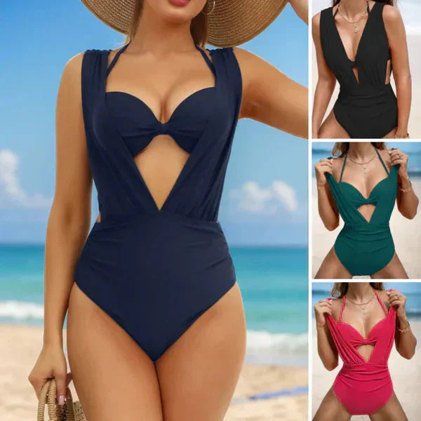 🩱Women's Underwire Tummy Control One Piece Halter Plunging Neck Swimsuit