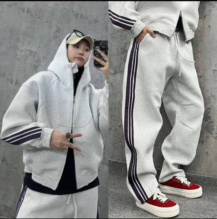 秋冬季新款套裝重磅短寬版型三條槓拼接連帽衛衣帽衫休閒衛褲兩件套