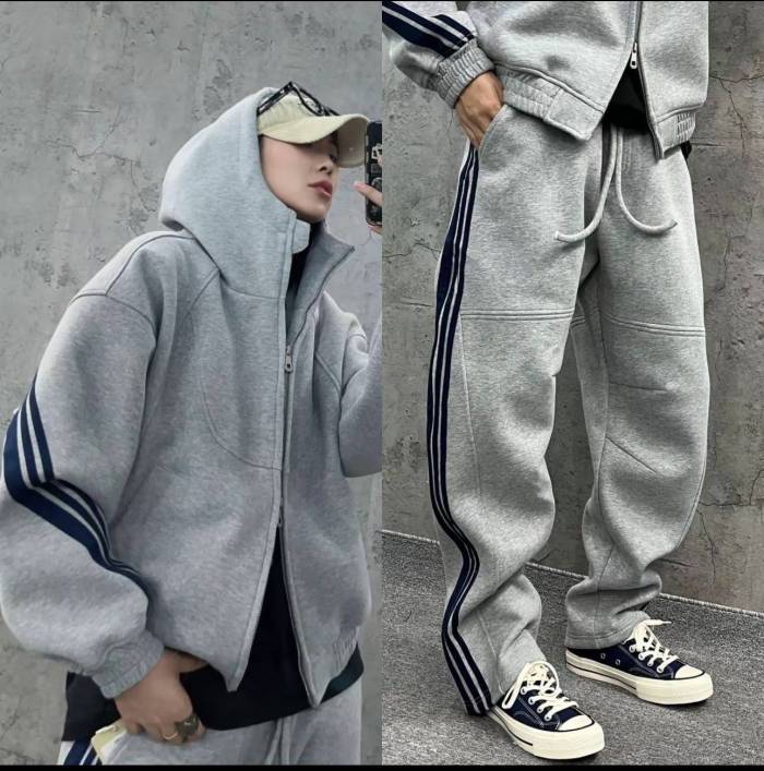 秋冬季新款套裝重磅短寬版型三條槓拼接連帽衛衣帽衫休閒衛褲兩件套