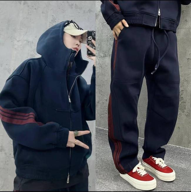 秋冬季新款套裝重磅短寬版型三條槓拼接連帽衛衣帽衫休閒衛褲兩件套