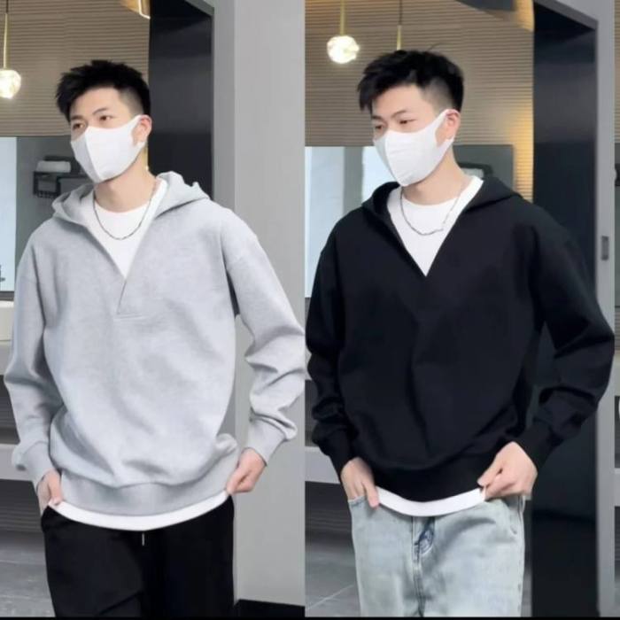 新款假兩件連帽衛衣,美式假兩件設計慵懶風秋冬長袖V領連帽衛衣高級感休閒百搭上衣男女同款