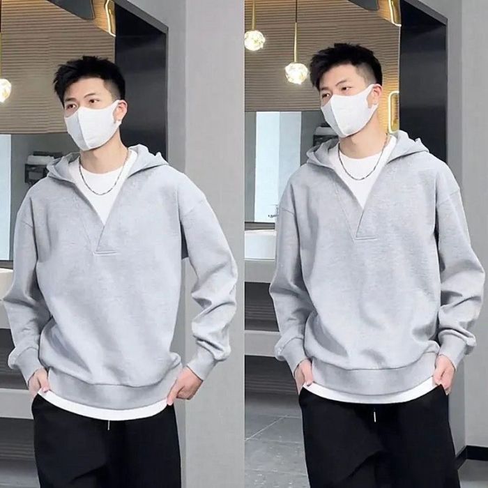 新款假兩件連帽衛衣,美式假兩件設計慵懶風秋冬長袖V領連帽衛衣高級感休閒百搭上衣男女同款