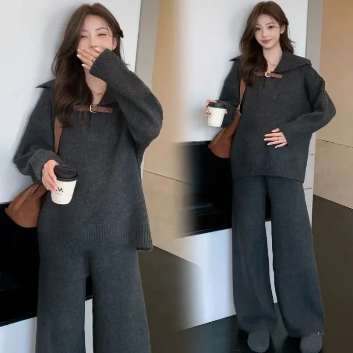 慵懶風休閒運動毛衣套裝 秋冬新款寬鬆軟糯百搭針織兩件套