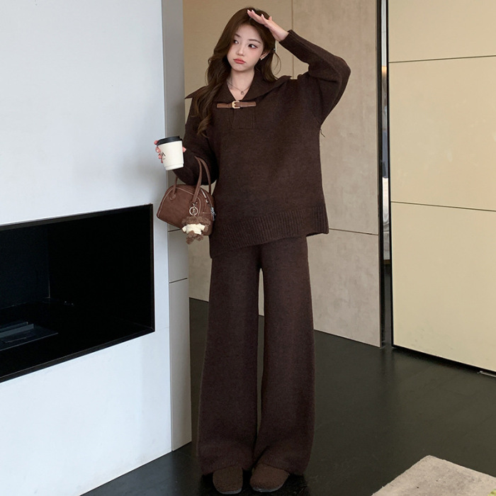 慵懶風休閒運動毛衣套裝 秋冬新款寬鬆軟糯百搭針織兩件套