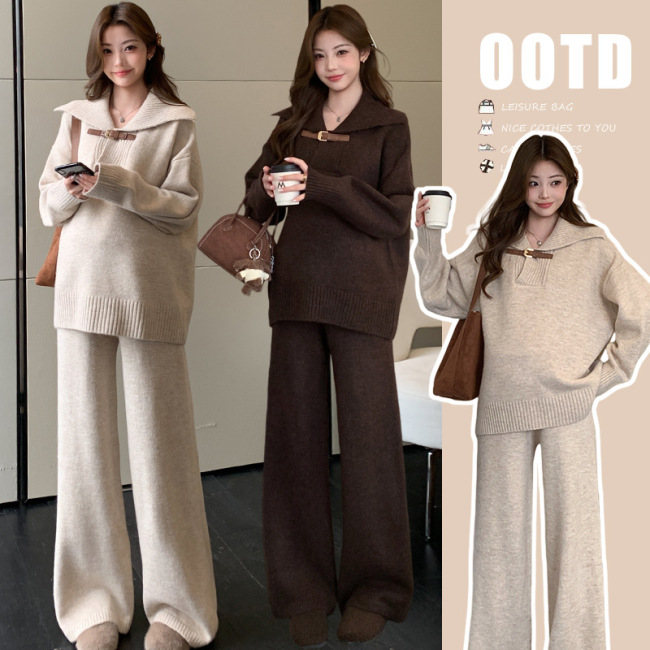 慵懶風休閒運動毛衣套裝 秋冬新款寬鬆軟糯百搭針織兩件套