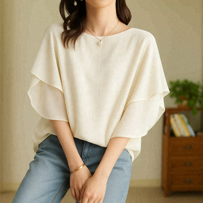 おしゃれな多色ラウンドネックシフォントップス