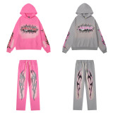 *2213 American trendy brand Hellstar retro mud print washed and distressed hooded sweatshirt set (same style for men and women)