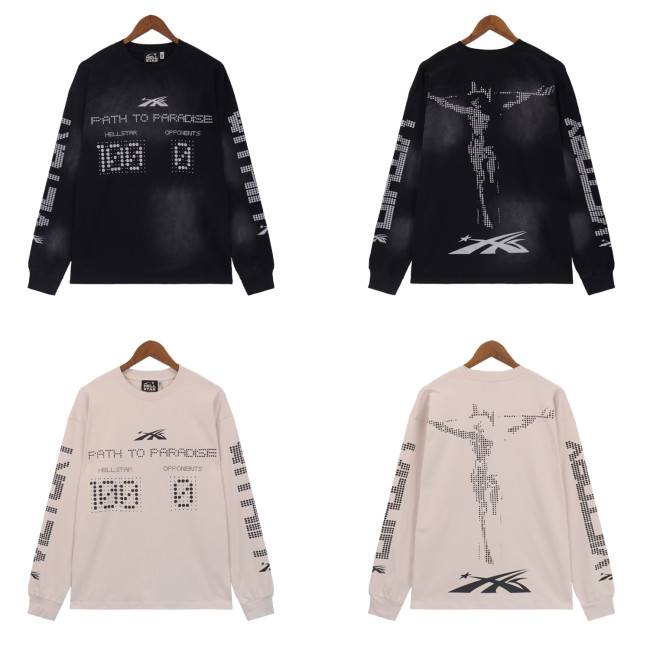7007*P78 hellstar terry fabric American fashion brand high street spring and autumn retro round neck bottoming shirt