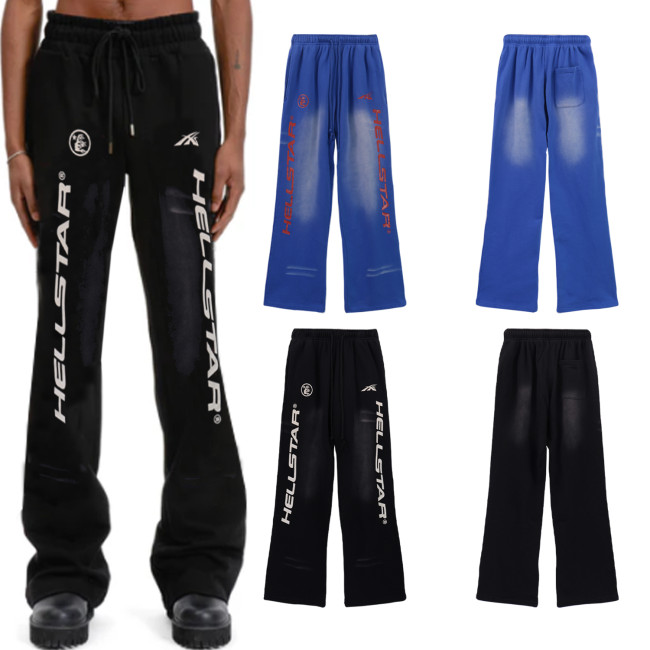 8170*P100hellstar terry fabric American trendy brand terry washed distressed trousers/high street retro trousers
