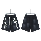 786* Hell Star washed and splashed ink distressed casual shorts
